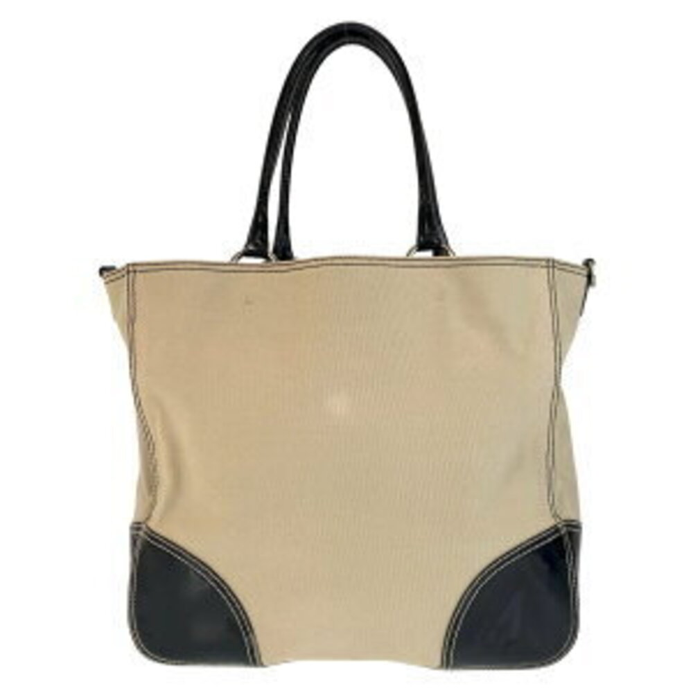 Prada Tan enamel Beige triangular plate logo tote bag canvas shoulder black